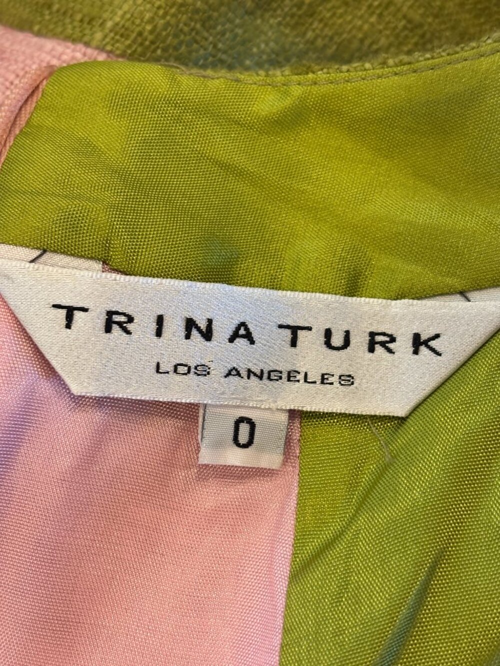 Trina Turk Pink & Olive Colorblock Silk Shift Dress Size 0 Like New - Picture 5 of 7